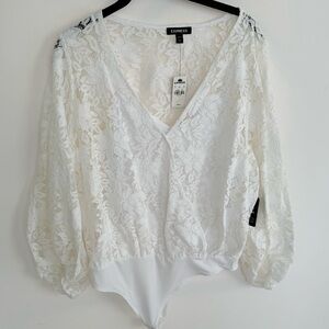 NWT Express White Lace Balloon Sleeve Wrap Front Thong Bodysuit size large